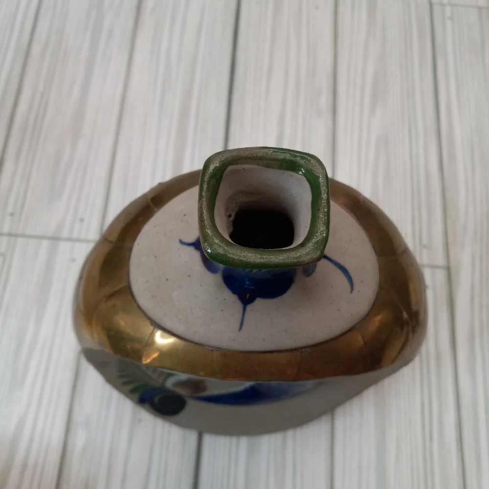 Vintage Mexican Tonala Hand Painted Pottery Sun & Moon Folk Art Brass Vase